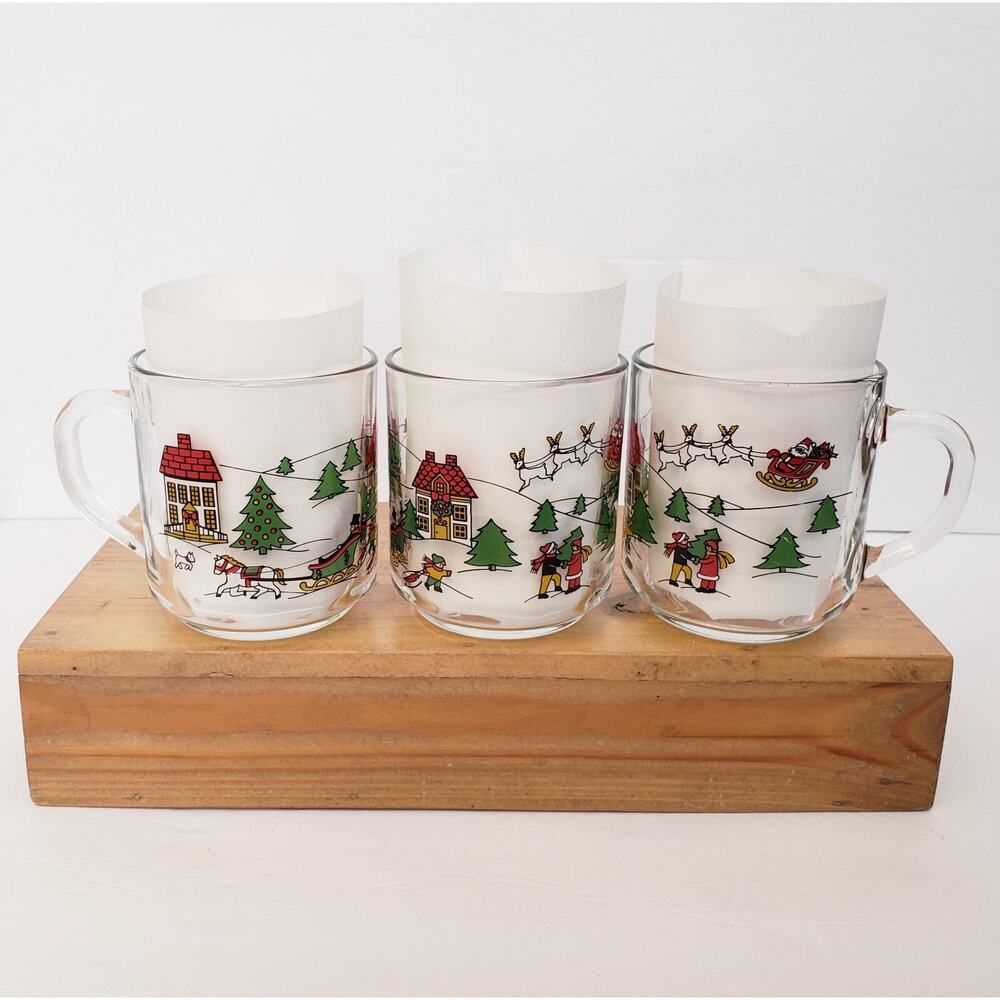 Vintage Luminarc Glass Holiday Christmas Santa Claus‎ Mug Sleigh Town Set Of 3